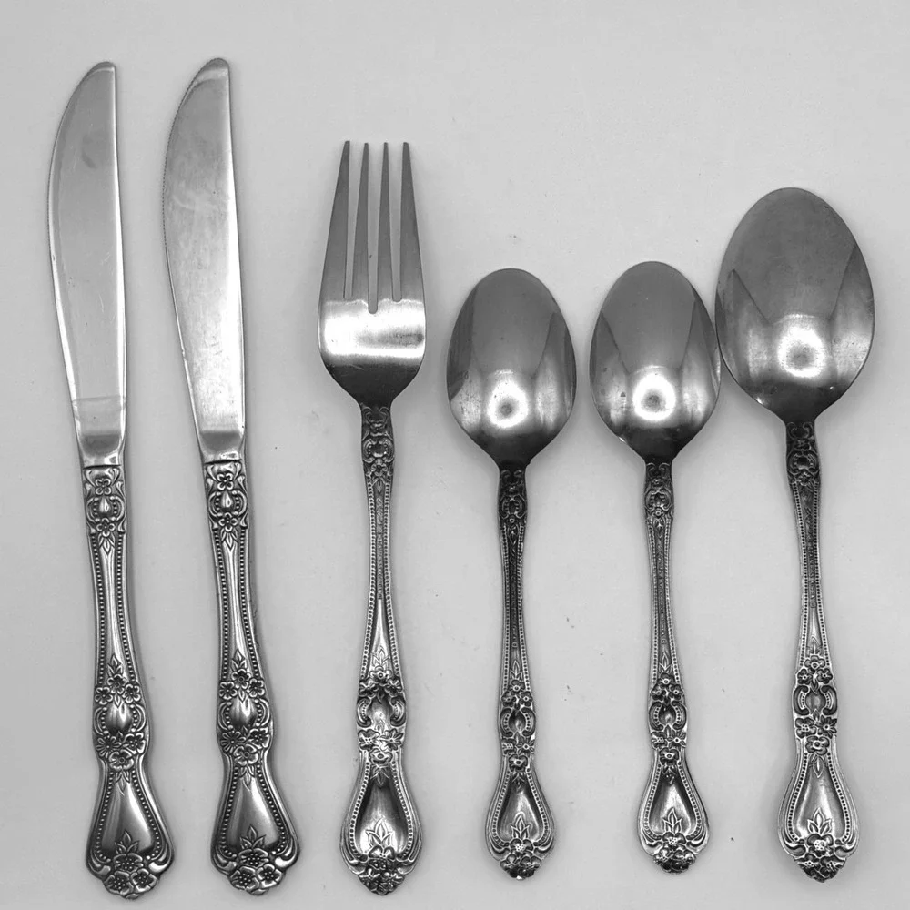 Vtg Rogers Dream Rose Stainless Flatware Korea Ornate Floral Silverware 6pc Set